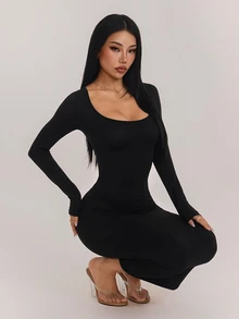 SHEIN PETITE 女款方領修身黑色長版性感優雅洋裝 - 黑色 - 查看 7