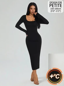 SHEIN PETITE 女款方領修身黑色長版性感優雅洋裝 - 黑色 - 查看 9