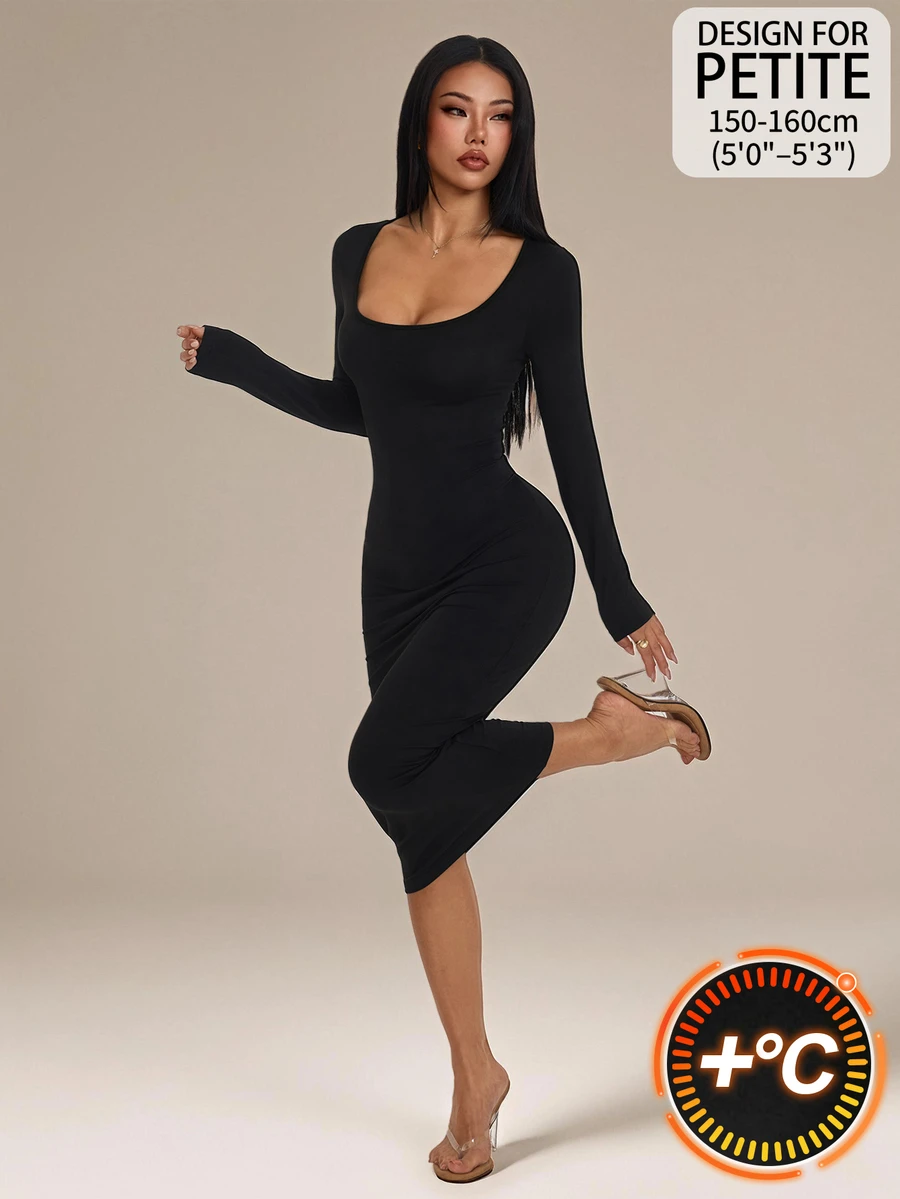 SHEIN PETITE 女款方領修身黑色長版性感優雅洋裝 - 黑色 - 查看 1