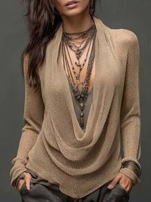 SHEIN Women's Casual Solid Color Cowl Neck Sweater - Khaki - View 8