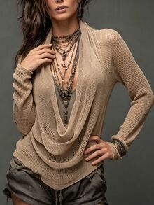 SHEIN Women's Casual Solid Color Cowl Neck Sweater - Khaki - View 7