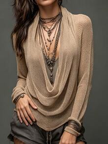 SHEIN Women's Casual Solid Color Cowl Neck Sweater - Khaki - View 6