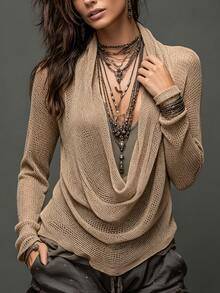 SHEIN Women's Casual Solid Color Cowl Neck Sweater - Khaki - View 4