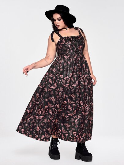 ROMWE 春夏季深色哥德風骷髏印花收腰A字中長洋裝大尺碼