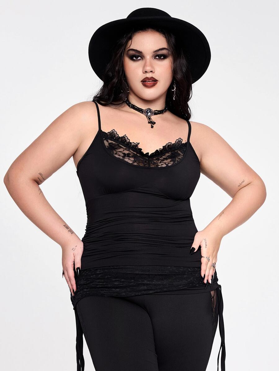 ROMWE Plus Size Sexy Butterfly Lace Patchwork Minimalist Versatile Long Camisole And Tank Top - Black - View 1