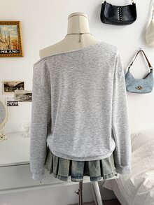 Soleia Women's Sweet Korean Style Asymmetrical Shoulder Ditsy Floral Sweatshirt - Grey - View 2