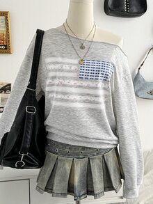 Soleia Women's Sweet Korean Style Asymmetrical Shoulder Ditsy Floral Sweatshirt - Grey - View 1