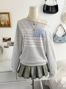 Soleia Women's Sweet Korean Style Asymmetrical Shoulder Ditsy Floral Sweatshirt - Grey - View 3