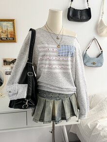 Soleia Women's Sweet Korean Style Asymmetrical Shoulder Ditsy Floral Sweatshirt - Grey - View 5