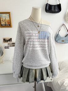 Soleia Women's Sweet Korean Style Asymmetrical Shoulder Ditsy Floral Sweatshirt - Grey - View 6