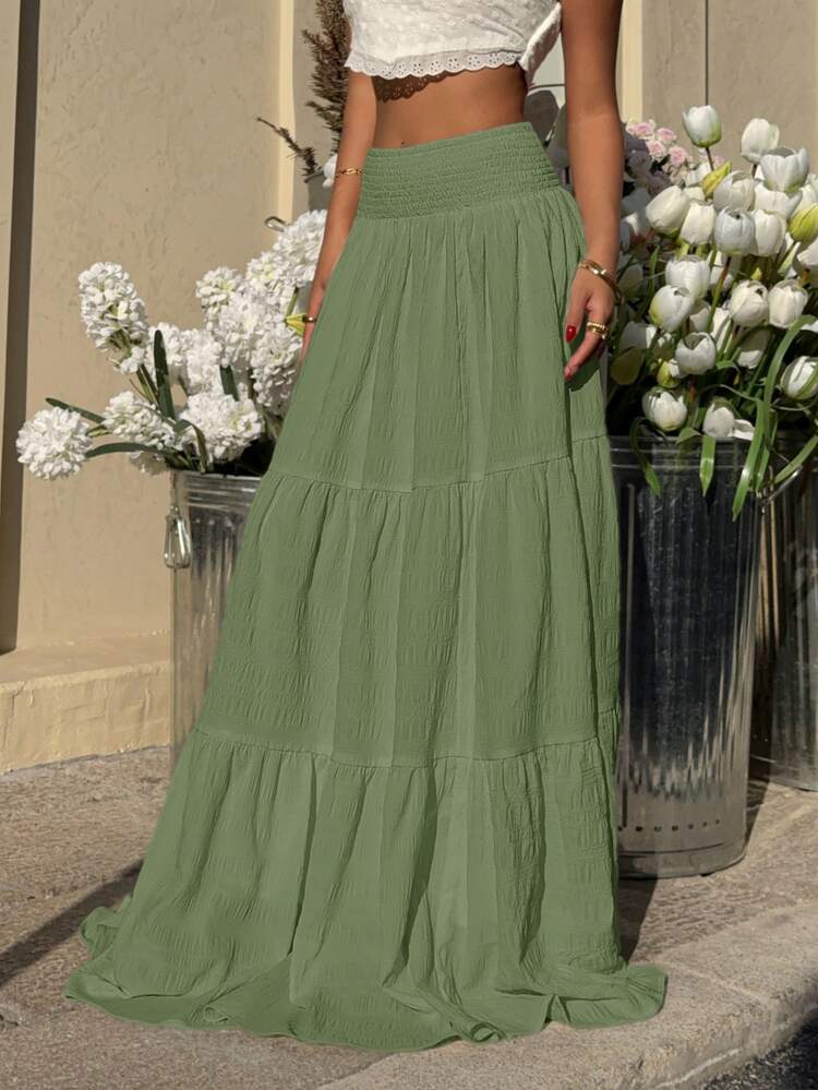 SHEIN EZwear Plus Size Green Ruffle Hem Casual Holiday Skirt Long Summer Skirt Green Long Skirt Bohemian Skirt Tiered Maxi Skirt Sage Green Skirt - Green - View 5