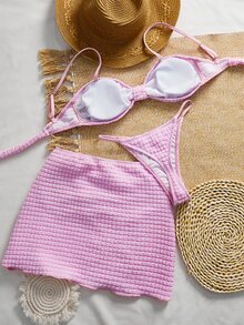 SHEIN Swim Women's Jacquard Fabric Metallic Starfish Decor Sexy Bikini 3 Pieces Set, Beach Holiday - Pink - View 2