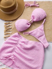 SHEIN Swim Women's Jacquard Fabric Metallic Starfish Decor Sexy Bikini 3 Pieces Set, Beach Holiday - Pink - View 4