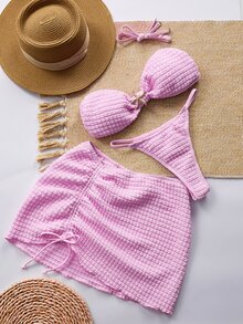 SHEIN Swim Women's Jacquard Fabric Metallic Starfish Decor Sexy Bikini 3 Pieces Set, Beach Holiday - Pink - View 3