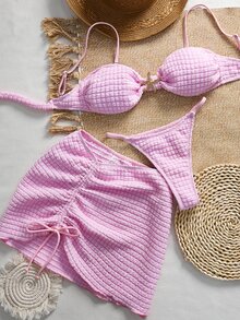 SHEIN Swim Women's Jacquard Fabric Metallic Starfish Decor Sexy Bikini 3 Pieces Set, Beach Holiday - Pink - View 5
