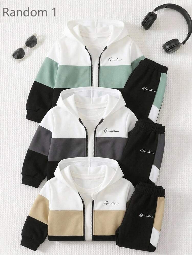 SHEIN Kids Young Boys Winter Warm Active Tracksuit With Bright Green Zipper Hoodie And Black Sweatpants Fa - Multicolor - View 1