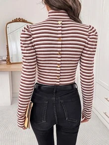 Editum 女款條紋休閒優雅日常穿著T恤 辦公室風格 白色與酒紅色 秋冬款 - 彩色 - 查看 7