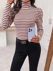 Editum 女款條紋休閒優雅日常穿著T恤 辦公室風格 白色與酒紅色 秋冬款 - 彩色 - 查看 4