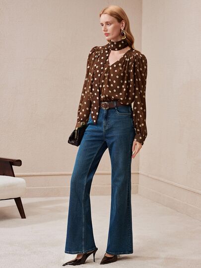 Arave Women's Charming Polka Dot Ribbon French V-Neck Chiffon Blouse, Elegant Slimming Long Sleeve Shirt, Casual Commute Vintage Minimalist Top