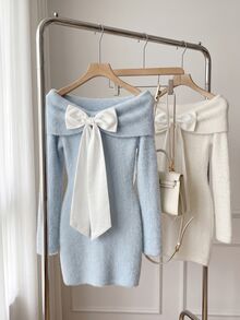 Elamini Women's Autumn/Winter Off-Shoulder Faux Mink Fur Bow Decor Ruched Cute Versatile Atmosphere Knit Sweater Dress - Baby Blue - View 5