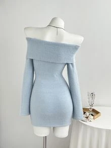 Elamini Women's Autumn/Winter Off-Shoulder Faux Mink Fur Bow Decor Ruched Cute Versatile Atmosphere Knit Sweater Dress - Baby Blue - View 3