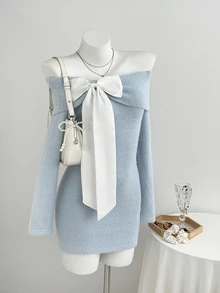 Elamini Women's Autumn/Winter Off-Shoulder Faux Mink Fur Bow Decor Ruched Cute Versatile Atmosphere Knit Sweater Dress - Baby Blue - View 8