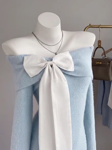 Elamini Women's Autumn/Winter Off-Shoulder Faux Mink Fur Bow Decor Ruched Cute Versatile Atmosphere Knit Sweater Dress - Baby Blue - View 2