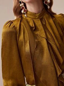 Arave Women's Elegant Casual Small Stand Collar Multi-Layer Asymmetrical Ruffle Long Sleeve Blouse - Yellow - View 4