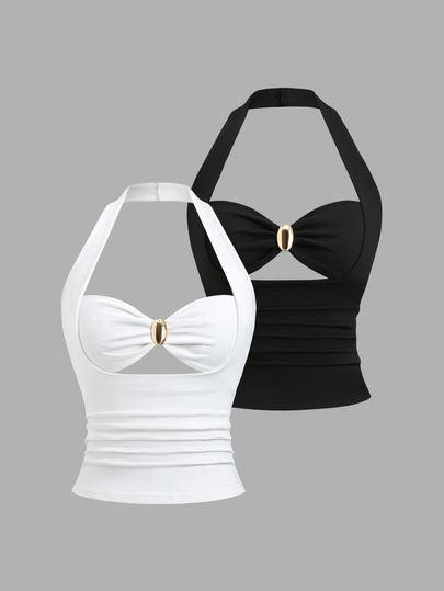 Sweetra Women's Black & White American Minimalist Casual Metal Buckle Hollow Design Spaghetti Strap Strap Tank Top