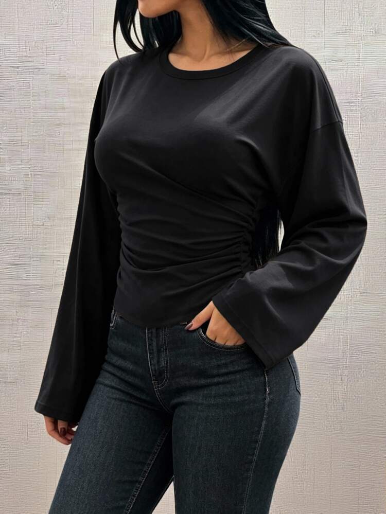 INAWLY Solva Women's Solid Color Round Neck Drop Shoulder Long Sleeve Ruched Casual T-Shirt - Black - View 4
