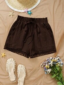 OPHERINE Celana Pendek Wanita Berlipit dengan Tali Serut dan Pita, Saku, Warna Polos, Cokelat Tua, Kasual Musim Panas Gaya Boho - Coffee Brown - View 5