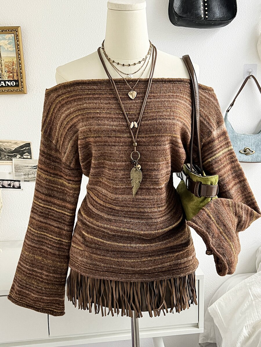 Soleia Women's Striped Off-Shoulder Dropped Shoulder Long Sleeve Sweater - Multicolor - View 1