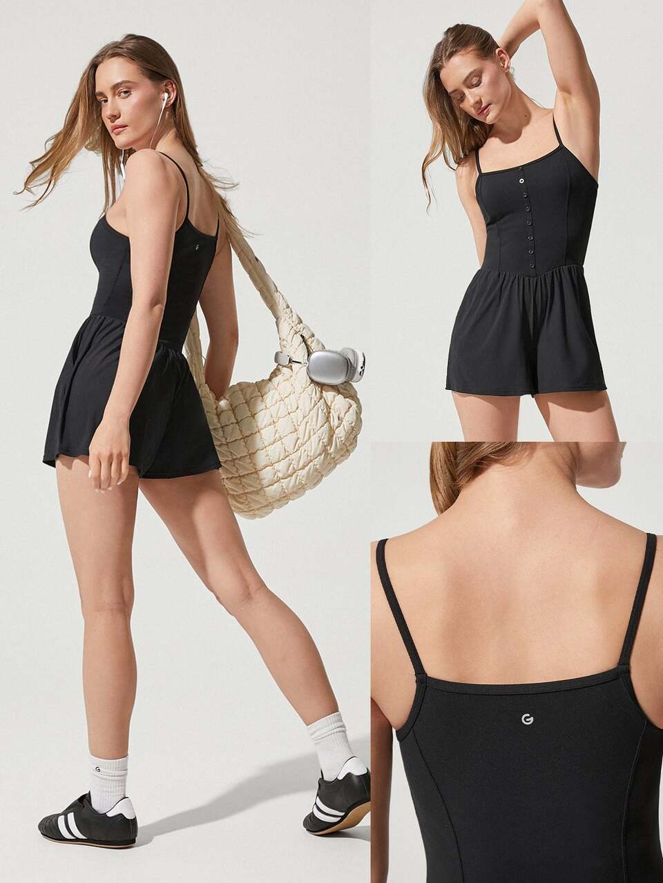 2.5" ButterFit Power Princess Side Pockets Buttons Removable Cups Square Neck Pleated Romper Low Impact Daily Casual Wear