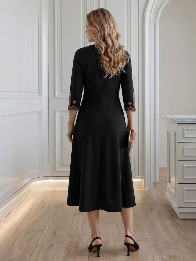 Medorina Elegant Formal Wear, Floral Embroidered Border, Midi A-Line Dress, Classic Black Gold, Slim Fit, Church Social Business Professional, Fall Winter - Black - View 2