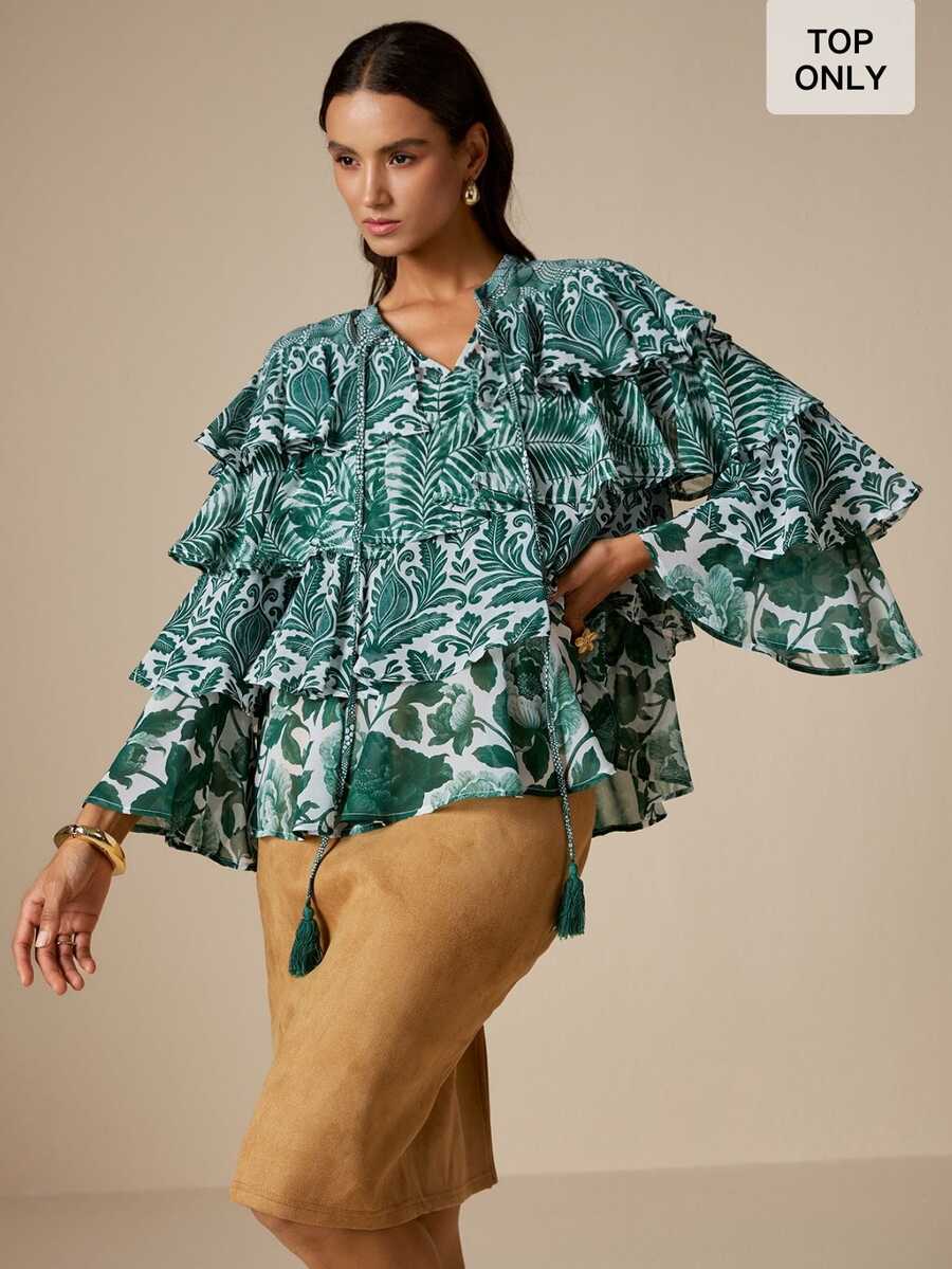LOTSLUV Women's Autumn Elegant Commute, Green And White Patchwork Floral Positioned Print, V-Neck Tie Multi-Layer Ruffle Hem Semi-Sheer Blouse - Green - View 1