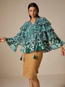 LOTSLUV Women's Autumn Elegant Commute, Green And White Patchwork Floral Positioned Print, V-Neck Tie Multi-Layer Ruffle Hem Semi-Sheer Blouse - Green - View 4