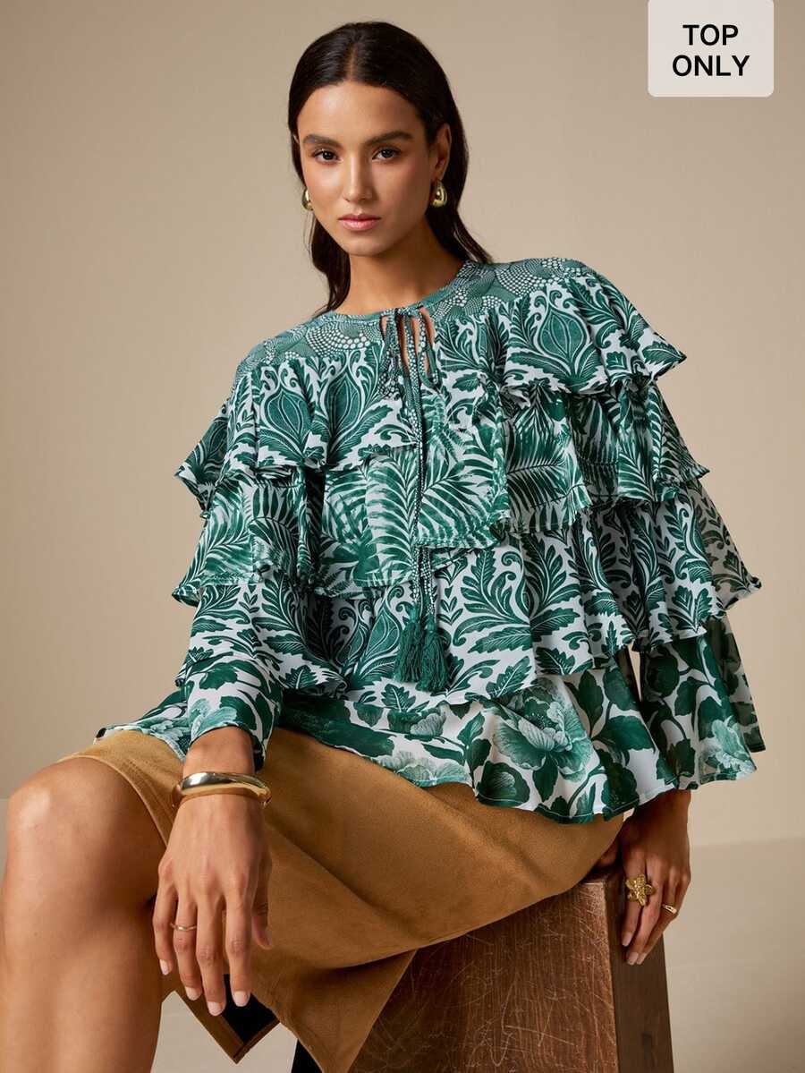 LOTSLUV Women's Autumn Elegant Commute, Green And White Patchwork Floral Positioned Print, V-Neck Tie Multi-Layer Ruffle Hem Semi-Sheer Blouse - Green - View 1