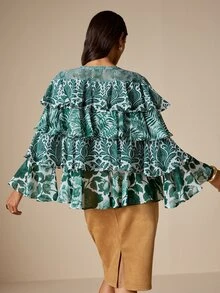 LOTSLUV Women's Autumn Elegant Commute, Green And White Patchwork Floral Positioned Print, V-Neck Tie Multi-Layer Ruffle Hem Semi-Sheer Blouse - Green - View 2
