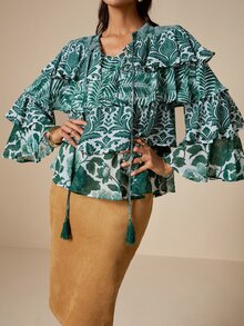 LOTSLUV Women's Autumn Elegant Commute, Green And White Patchwork Floral Positioned Print, V-Neck Tie Multi-Layer Ruffle Hem Semi-Sheer Blouse - Green - View 5