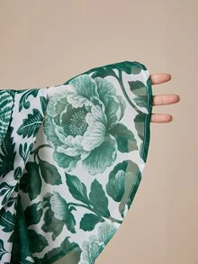 LOTSLUV Women's Autumn Elegant Commute, Green And White Patchwork Floral Positioned Print, V-Neck Tie Multi-Layer Ruffle Hem Semi-Sheer Blouse - Green - View 8