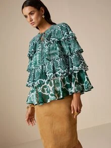 LOTSLUV Women's Autumn Elegant Commute, Green And White Patchwork Floral Positioned Print, V-Neck Tie Multi-Layer Ruffle Hem Semi-Sheer Blouse - Green - View 7