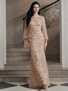 Anewsta Affair Women's Fall/Winter Beige Round Neck Lantern Sleeve Blouse, Luxury Shiny Beaded Sequin Embroidered Evening, Christmas Wedding Guest Party Prom Tops - Champagne - View 4