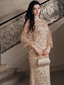 Anewsta Affair Women's Fall/Winter Beige Round Neck Lantern Sleeve Blouse, Luxury Shiny Beaded Sequin Embroidered Evening, Christmas Wedding Guest Party Prom Tops - Champagne - View 1