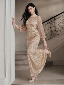 Anewsta Affair Women's Fall/Winter Beige Round Neck Lantern Sleeve Blouse, Luxury Shiny Beaded Sequin Embroidered Evening, Christmas Wedding Guest Party Prom Tops - Champagne - View 5