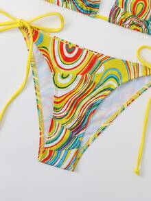 SHEIN Swim 液體圖案比基尼套裝吊脖微三角形文胸上衣和側繫帶泳衣下裝2入組泳衣 - 黃色 - 查看 5