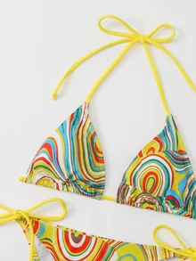 SHEIN Swim 液體圖案比基尼套裝吊脖微三角形文胸上衣和側繫帶泳衣下裝2入組泳衣 - 黃色 - 查看 4