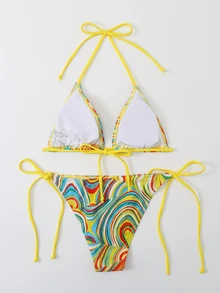 SHEIN Swim 液體圖案比基尼套裝吊脖微三角形文胸上衣和側繫帶泳衣下裝2入組泳衣 - 黃色 - 查看 2