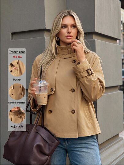 Auralis Cappotto trench giacca da donna taglie forti marrone con colletto alto, doppio petto, polsini con linguetta, ampio, stile minimalista alla moda, per uso quotidiano, pendolarismo, ufficio, casual, maniche lunghe, autunnale