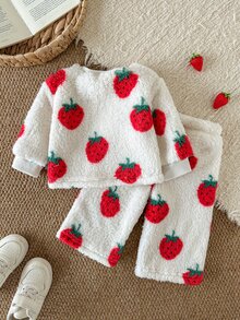 SHEIN 2件組幼童女童T恤褲套裝，甜美白色紅色草莓圖案，毛茸茸絨毛長袖圓領加厚冬季節日款，羅紋飾邊 - 彩色 - 查看 2
