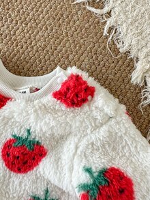 SHEIN 2件組幼童女童T恤褲套裝，甜美白色紅色草莓圖案，毛茸茸絨毛長袖圓領加厚冬季節日款，羅紋飾邊 - 彩色 - 查看 8